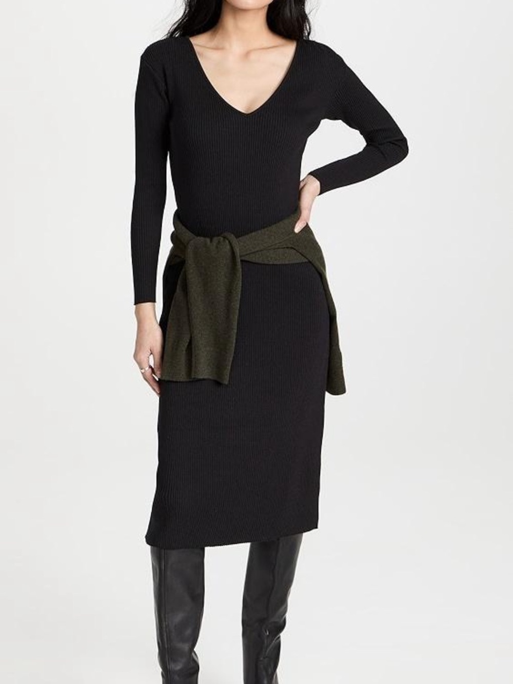 Vince Ribbed V-Neck Sweater Dress Long Sleeve Midi Bodycon